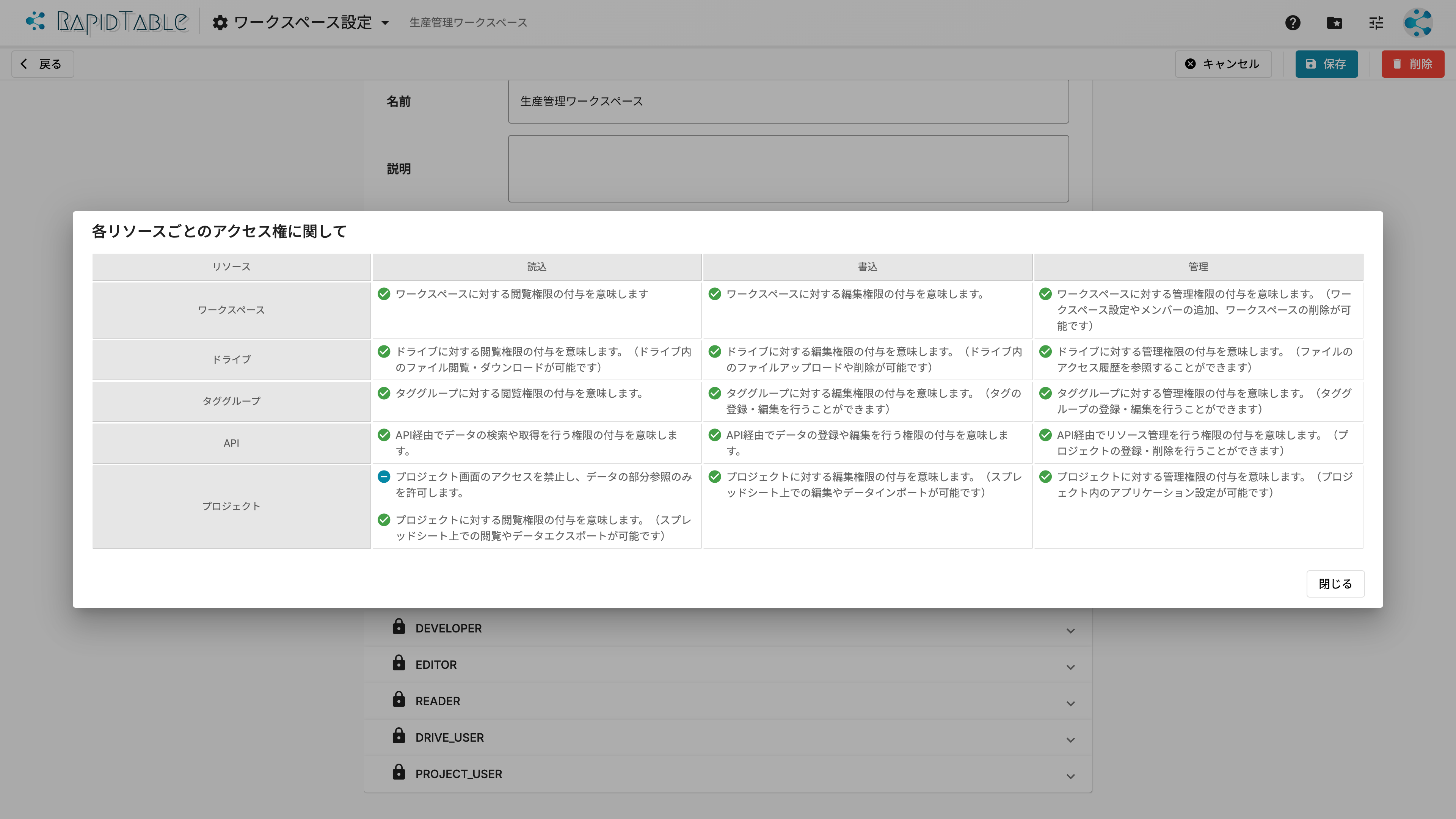 RapidTable 各リソースごとに個別のアクセスポリシーを設定する方法について