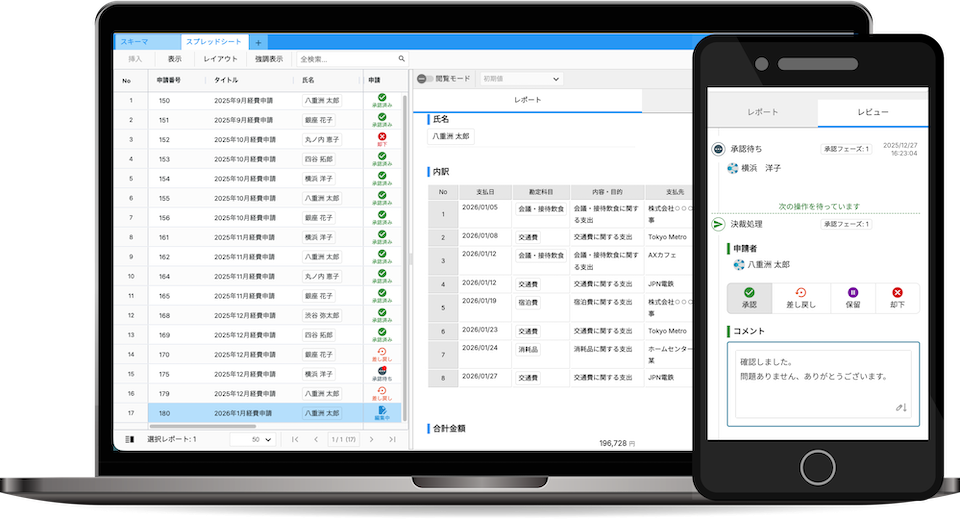 RapidTable 経費精算承認レポート画面